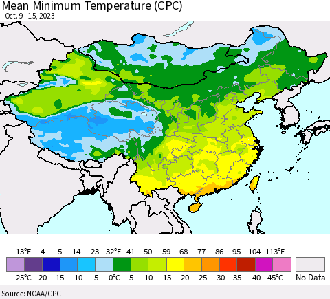 China, Mongolia and Taiwan Mean Minimum Temperature (CPC) Thematic Map For 10/9/2023 - 10/15/2023