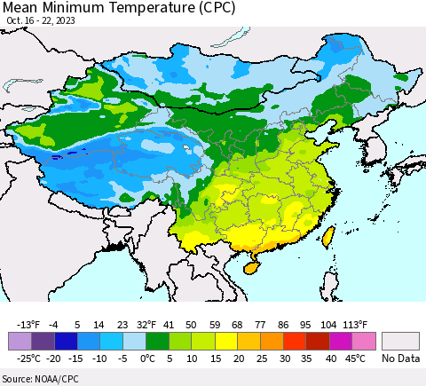 China, Mongolia and Taiwan Mean Minimum Temperature (CPC) Thematic Map For 10/16/2023 - 10/22/2023