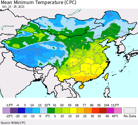 China, Mongolia and Taiwan Mean Minimum Temperature (CPC) Thematic Map For 10/23/2023 - 10/29/2023
