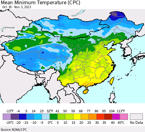 China, Mongolia and Taiwan Mean Minimum Temperature (CPC) Thematic Map For 10/30/2023 - 11/5/2023
