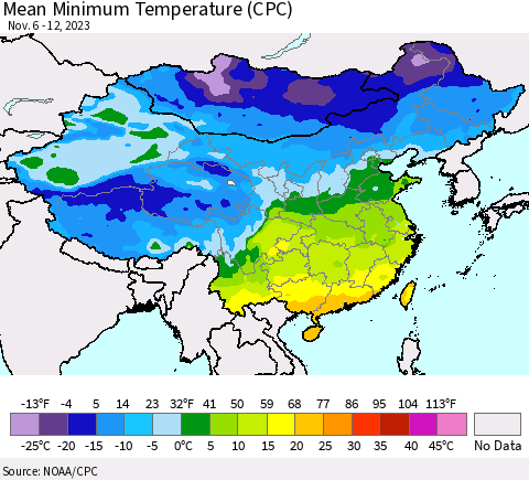 China, Mongolia and Taiwan Mean Minimum Temperature (CPC) Thematic Map For 11/6/2023 - 11/12/2023