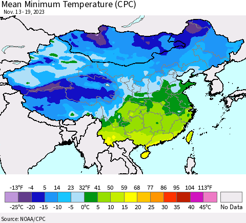 China, Mongolia and Taiwan Mean Minimum Temperature (CPC) Thematic Map For 11/13/2023 - 11/19/2023