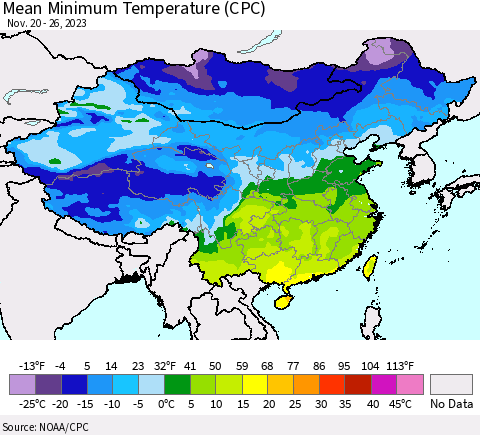 China, Mongolia and Taiwan Mean Minimum Temperature (CPC) Thematic Map For 11/20/2023 - 11/26/2023