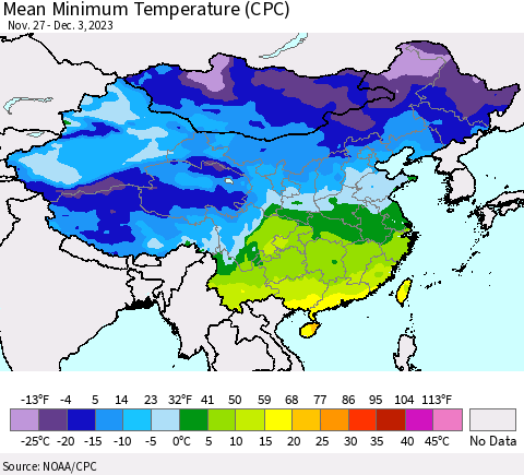 China, Mongolia and Taiwan Mean Minimum Temperature (CPC) Thematic Map For 11/27/2023 - 12/3/2023
