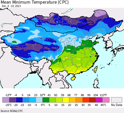 China, Mongolia and Taiwan Mean Minimum Temperature (CPC) Thematic Map For 12/4/2023 - 12/10/2023