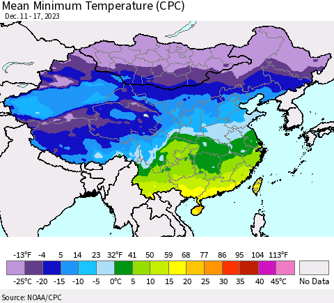 China, Mongolia and Taiwan Mean Minimum Temperature (CPC) Thematic Map For 12/11/2023 - 12/17/2023
