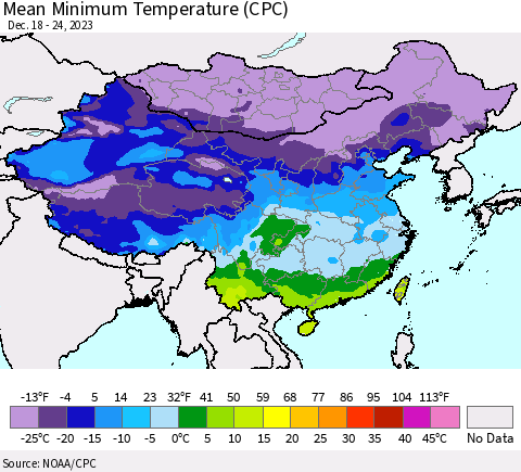 China, Mongolia and Taiwan Mean Minimum Temperature (CPC) Thematic Map For 12/18/2023 - 12/24/2023