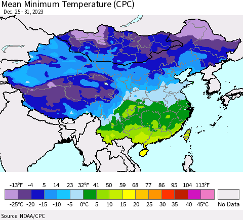 China, Mongolia and Taiwan Mean Minimum Temperature (CPC) Thematic Map For 12/25/2023 - 12/31/2023