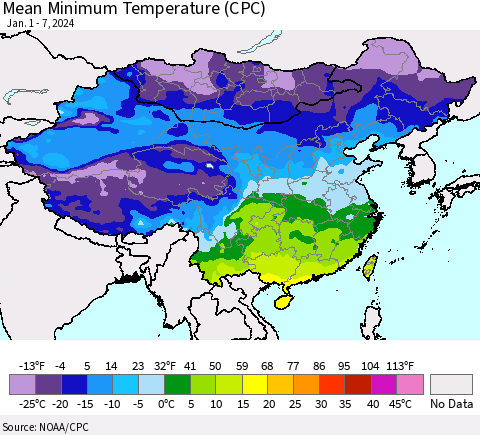 China, Mongolia and Taiwan Mean Minimum Temperature (CPC) Thematic Map For 1/1/2024 - 1/7/2024