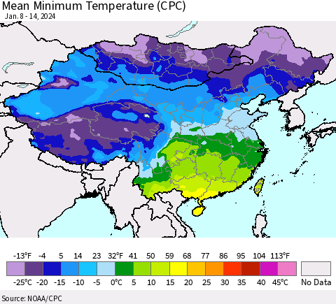 China, Mongolia and Taiwan Mean Minimum Temperature (CPC) Thematic Map For 1/8/2024 - 1/14/2024