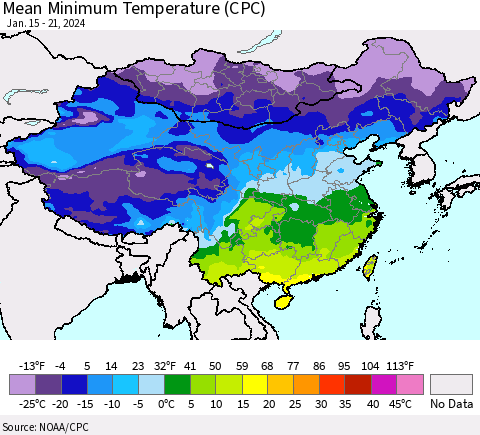 China, Mongolia and Taiwan Mean Minimum Temperature (CPC) Thematic Map For 1/15/2024 - 1/21/2024