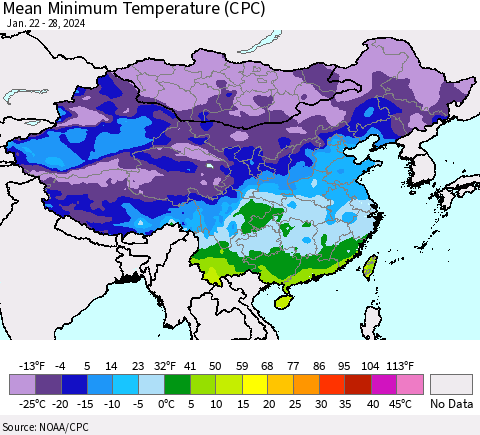China, Mongolia and Taiwan Mean Minimum Temperature (CPC) Thematic Map For 1/22/2024 - 1/28/2024