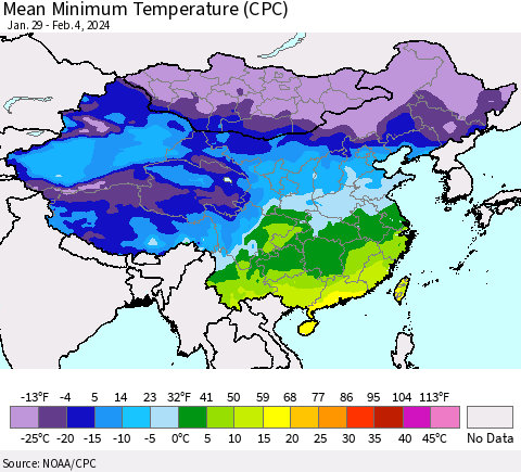 China, Mongolia and Taiwan Mean Minimum Temperature (CPC) Thematic Map For 1/29/2024 - 2/4/2024