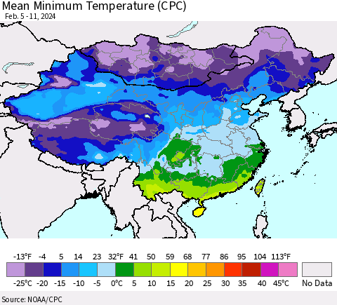 China, Mongolia and Taiwan Mean Minimum Temperature (CPC) Thematic Map For 2/5/2024 - 2/11/2024