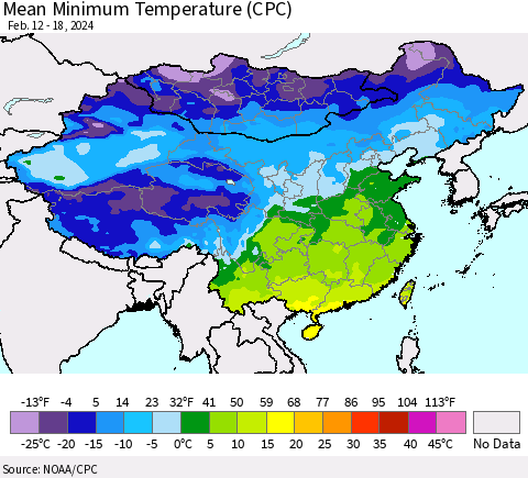 China, Mongolia and Taiwan Mean Minimum Temperature (CPC) Thematic Map For 2/12/2024 - 2/18/2024
