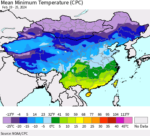 China, Mongolia and Taiwan Mean Minimum Temperature (CPC) Thematic Map For 2/19/2024 - 2/25/2024