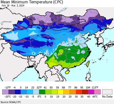 China, Mongolia and Taiwan Mean Minimum Temperature (CPC) Thematic Map For 2/26/2024 - 3/3/2024