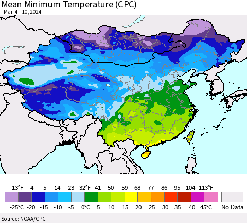 China, Mongolia and Taiwan Mean Minimum Temperature (CPC) Thematic Map For 3/4/2024 - 3/10/2024