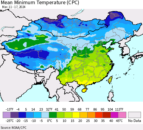 China, Mongolia and Taiwan Mean Minimum Temperature (CPC) Thematic Map For 3/11/2024 - 3/17/2024