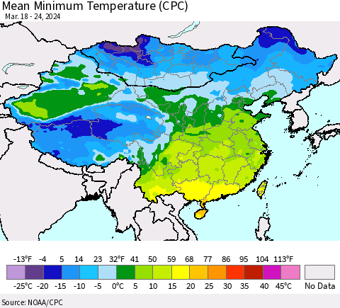 China, Mongolia and Taiwan Mean Minimum Temperature (CPC) Thematic Map For 3/18/2024 - 3/24/2024
