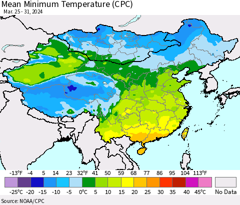 China, Mongolia and Taiwan Mean Minimum Temperature (CPC) Thematic Map For 3/25/2024 - 3/31/2024