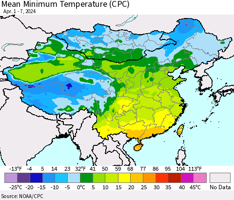 China, Mongolia and Taiwan Mean Minimum Temperature (CPC) Thematic Map For 4/1/2024 - 4/7/2024