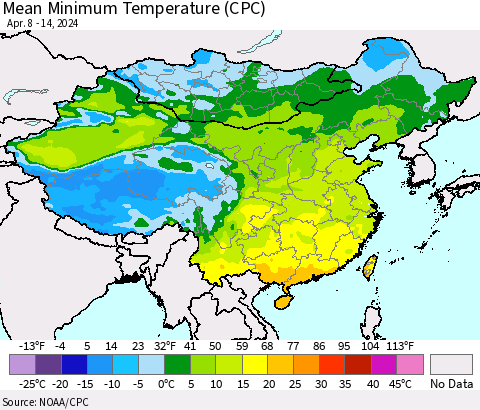 China, Mongolia and Taiwan Mean Minimum Temperature (CPC) Thematic Map For 4/8/2024 - 4/14/2024