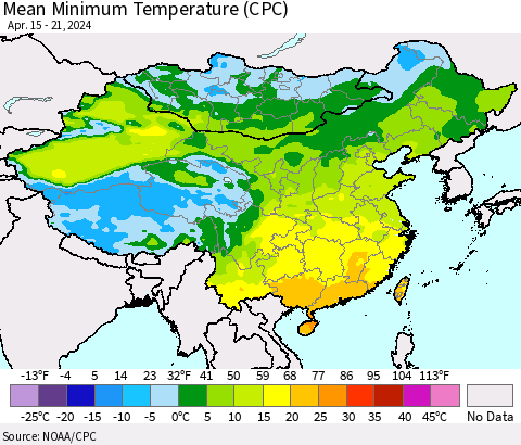 China, Mongolia and Taiwan Mean Minimum Temperature (CPC) Thematic Map For 4/15/2024 - 4/21/2024