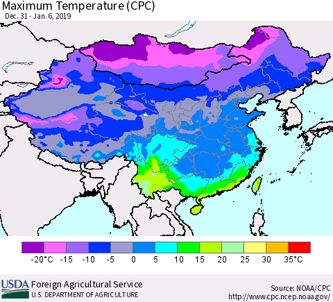 China and Taiwan Mean Maximum Temperature (CPC) Thematic Map For 12/31/2018 - 1/6/2019