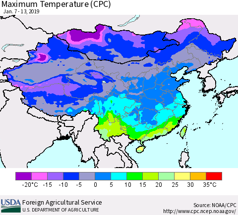 China and Taiwan Mean Maximum Temperature (CPC) Thematic Map For 1/7/2019 - 1/13/2019
