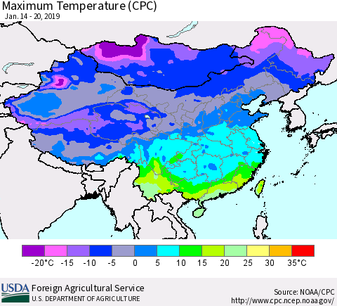 China and Taiwan Mean Maximum Temperature (CPC) Thematic Map For 1/14/2019 - 1/20/2019