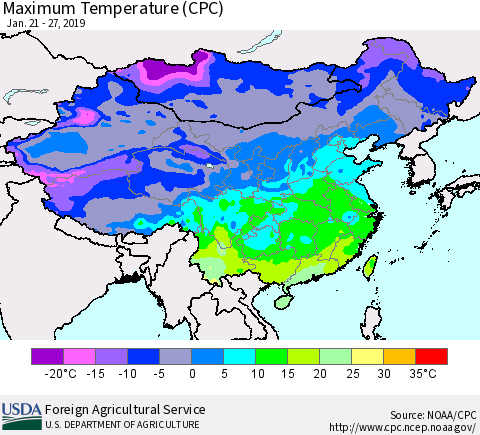 China and Taiwan Mean Maximum Temperature (CPC) Thematic Map For 1/21/2019 - 1/27/2019