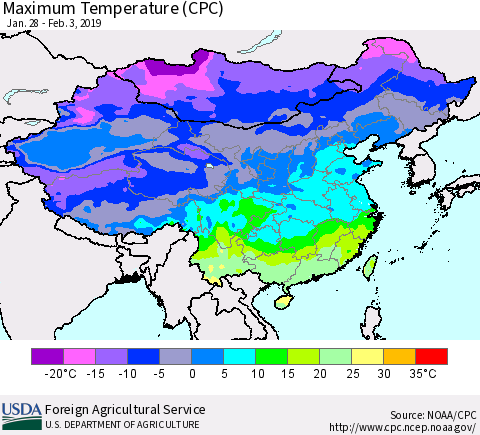 China and Taiwan Mean Maximum Temperature (CPC) Thematic Map For 1/28/2019 - 2/3/2019
