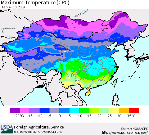 China, Mongolia and Taiwan Mean Maximum Temperature (CPC) Thematic Map For 2/4/2019 - 2/10/2019