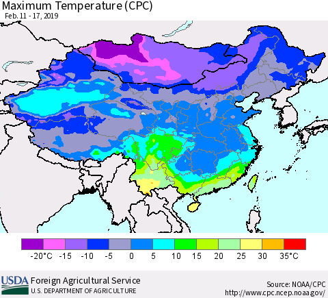 China, Mongolia and Taiwan Mean Maximum Temperature (CPC) Thematic Map For 2/11/2019 - 2/17/2019
