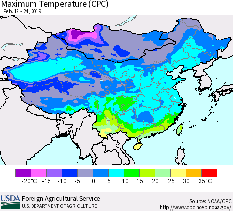 China and Taiwan Mean Maximum Temperature (CPC) Thematic Map For 2/18/2019 - 2/24/2019