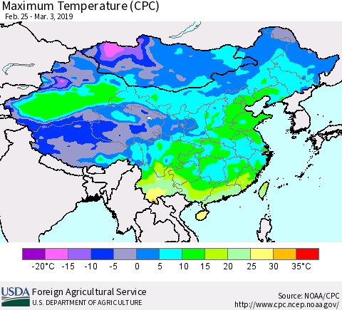China and Taiwan Mean Maximum Temperature (CPC) Thematic Map For 2/25/2019 - 3/3/2019