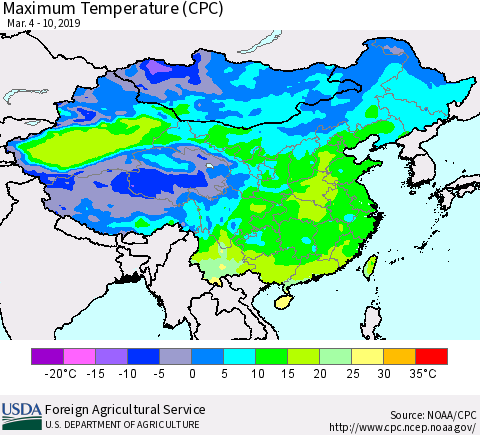 China and Taiwan Mean Maximum Temperature (CPC) Thematic Map For 3/4/2019 - 3/10/2019