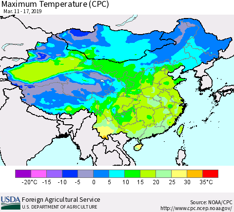 China and Taiwan Mean Maximum Temperature (CPC) Thematic Map For 3/11/2019 - 3/17/2019