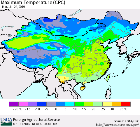 China, Mongolia and Taiwan Mean Maximum Temperature (CPC) Thematic Map For 3/18/2019 - 3/24/2019