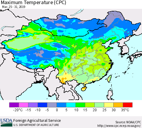 China and Taiwan Mean Maximum Temperature (CPC) Thematic Map For 3/25/2019 - 3/31/2019