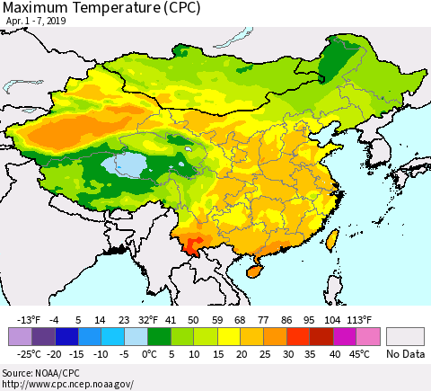 China and Taiwan Mean Maximum Temperature (CPC) Thematic Map For 4/1/2019 - 4/7/2019