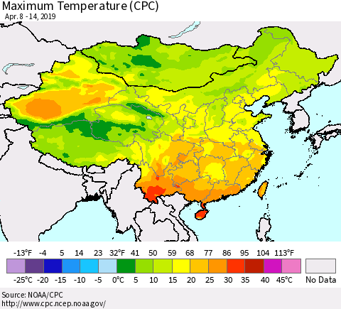 China and Taiwan Mean Maximum Temperature (CPC) Thematic Map For 4/8/2019 - 4/14/2019