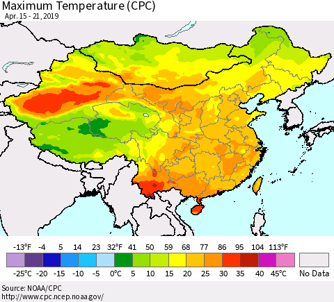 China and Taiwan Mean Maximum Temperature (CPC) Thematic Map For 4/15/2019 - 4/21/2019