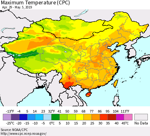 China and Taiwan Maximum Temperature (CPC) Thematic Map For 4/29/2019 - 5/5/2019