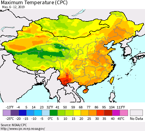 China and Taiwan Mean Maximum Temperature (CPC) Thematic Map For 5/6/2019 - 5/12/2019