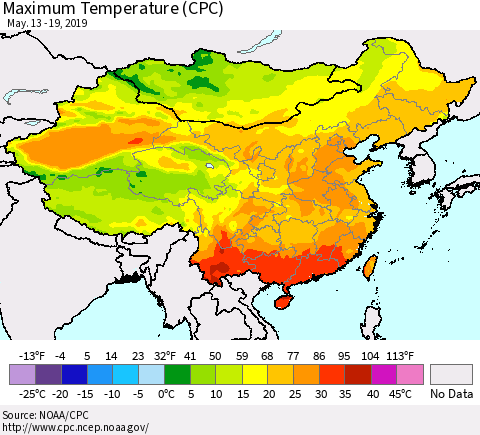 China and Taiwan Mean Maximum Temperature (CPC) Thematic Map For 5/13/2019 - 5/19/2019