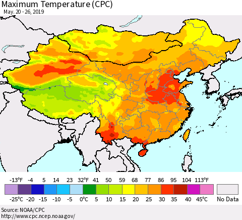 China and Taiwan Maximum Temperature (CPC) Thematic Map For 5/20/2019 - 5/26/2019