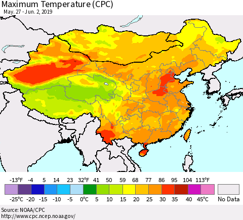 China and Taiwan Mean Maximum Temperature (CPC) Thematic Map For 5/27/2019 - 6/2/2019