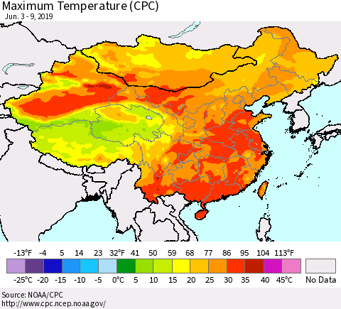 China and Taiwan Maximum Temperature (CPC) Thematic Map For 6/3/2019 - 6/9/2019